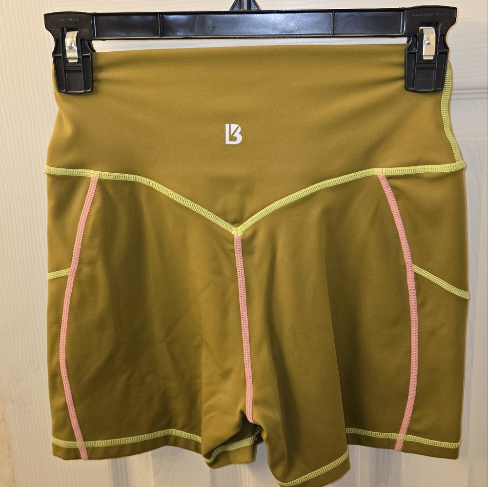 Olive Green Athletic Shorts with Pink Accents